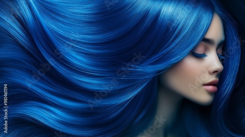 close up blue coloring hair advertising concept, healthy smooth silky shiny hair with elegance flow curve, hair coloring advertising concept