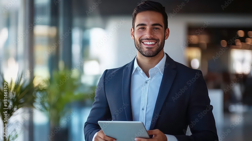 Smiling businessman in a suit using a tablet. Smiling businessman in a suit using a tablet.