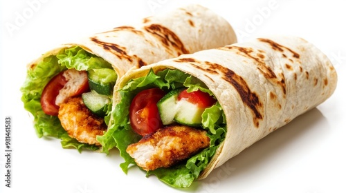 Delicious Chicken Wrap with Fresh Vegetables Isolated on White Background