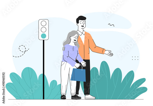 Man help grandma. Young man helps elderly woman cross road. Son and grandmother outdoors. Help and support. Activist and volunteer. Linear vector illustration