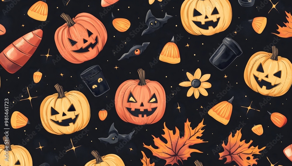A digital illustration of a seamless pattern of various symbols of halloween A digital illustration of a seamless pattern of various symbols of halloween