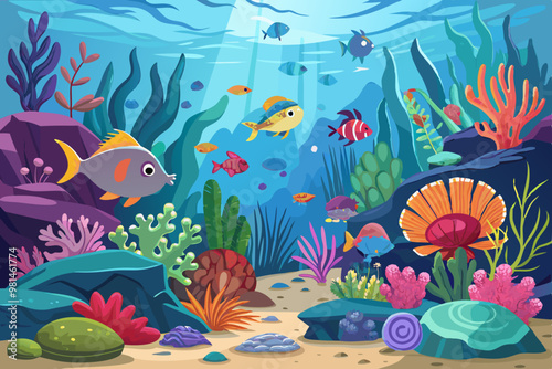 Coral reef underwater world with marine animals vector image