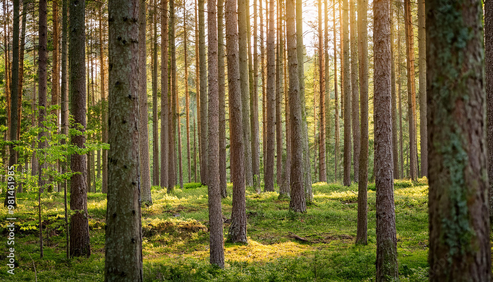 Beautiful natural scenery with long trees and sun light. Green forest. Wild landscape. Beautiful natural scenery with long trees and sun light. Green forest. Wild landscape.