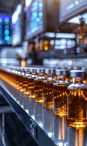 A row of glass vials filled with liquid moves along a high-tech automated production line in a sterile pharmaceutical factory. Precision and efficiency dominate the clean, futuristic environment.