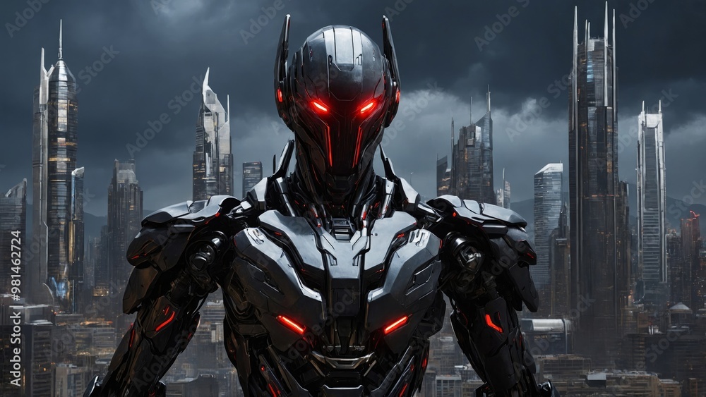 a futuristic robot with a black background