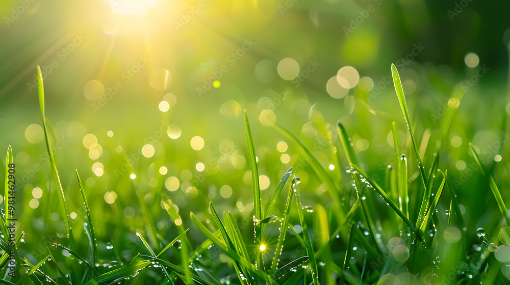 Morning dew drops on green grass; spring background Morning dew drops on green grass; spring background