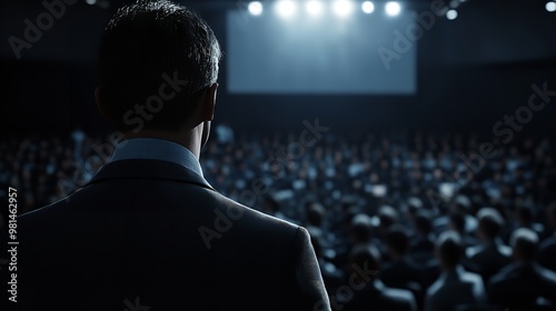 Rear view of people in audience at the conference hall, Speaker giving a talk in conference hall at business event.