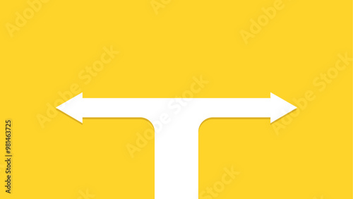 White path splitting into two arrows pointing in opposite directions, set against a bright yellow background, representing a decision point