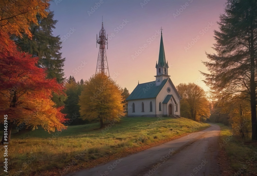 This is an aerial view capturing a beautiful church amid a lush forest