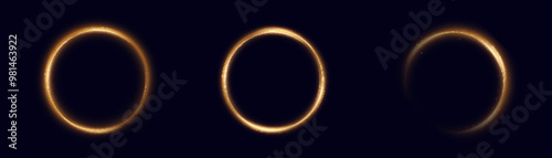 Bright gold light ring with neon effect. Round frame light effect on black background. For web design and illustrations	
