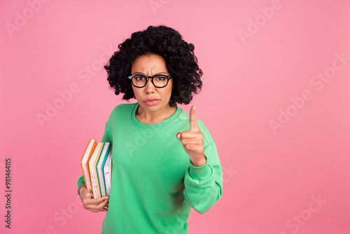 Photo of smart school teacher woman directing finger you strict blaming when you failed test isolated on pink color background
