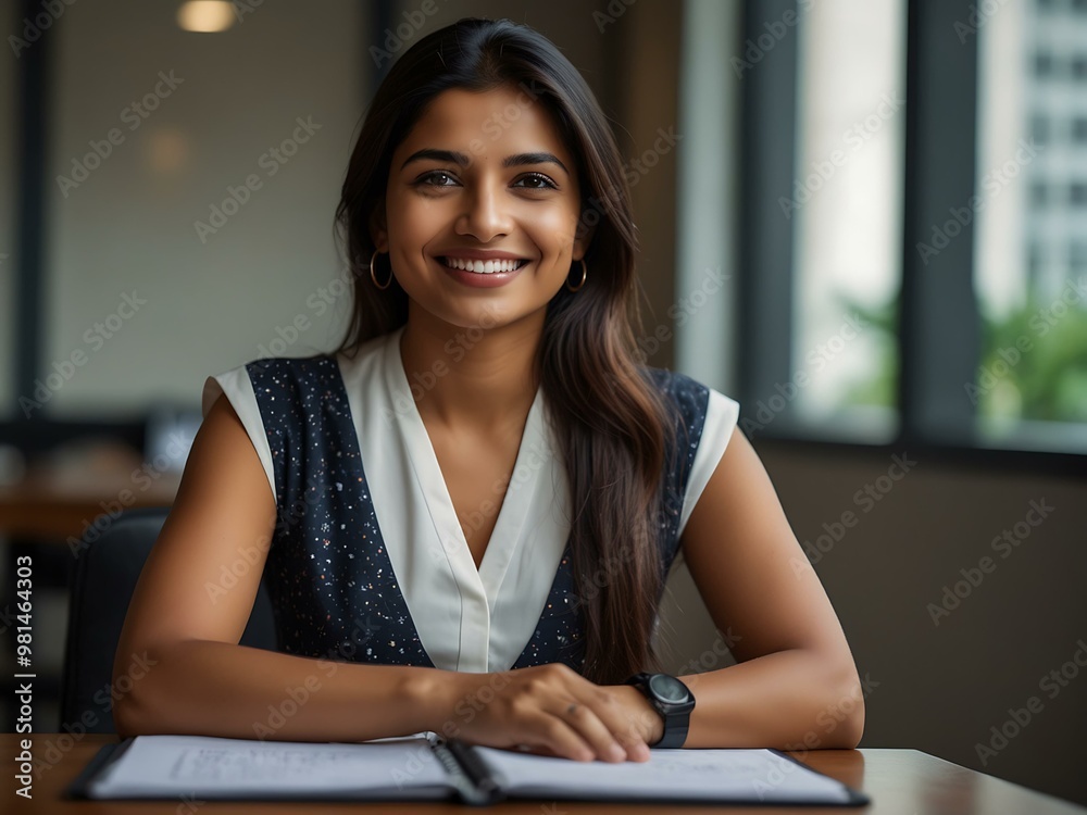 Indian businesswoman smiling confidently at her workplace. Indian businesswoman smiling confidently at her workplace.
