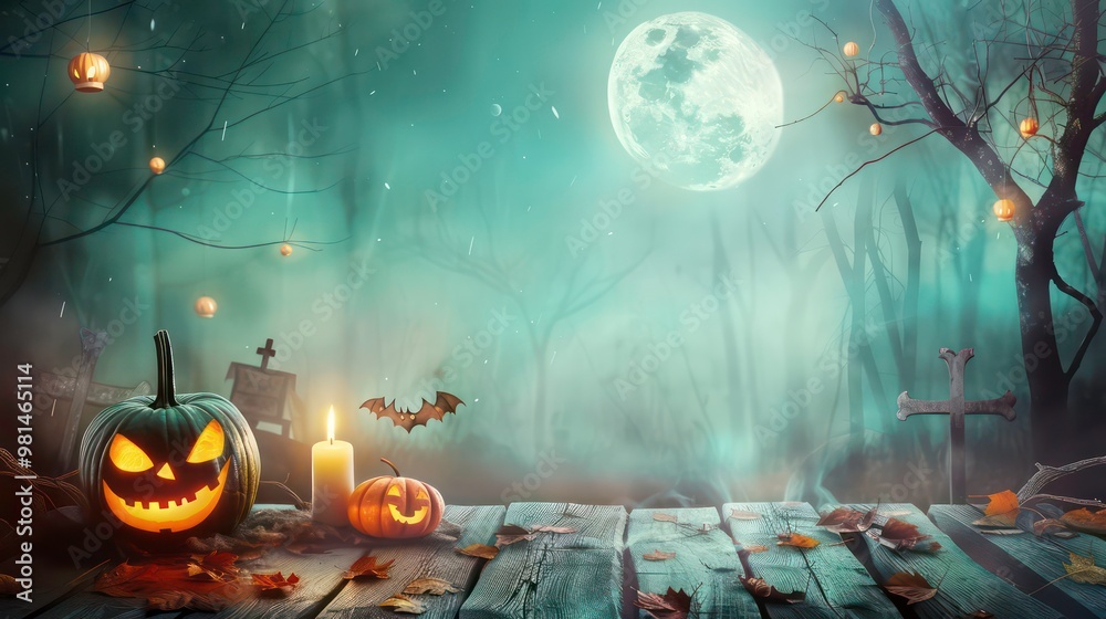 Naklejka premium Halloween Scene with Jack-O-Lanterns, Candle, and Cross in a Misty Forest.