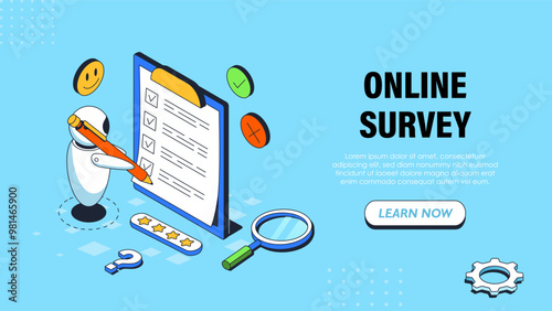 Isometric online survey poster. Bot with pencil near clipboard with tasks. Time management and organization of effective work process. 3D vector illustration