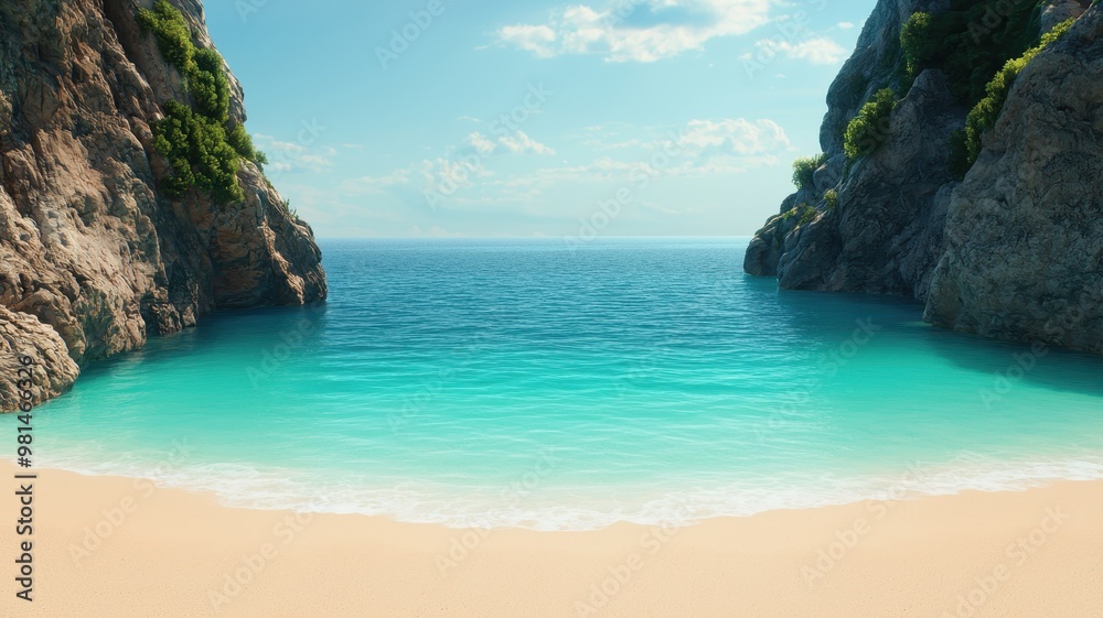 Breathtaking coastal view with turquoise water, sandy beach, and rocky cliffs under a clear blue sky. Perfect for travel and relaxation. Breathtaking coastal view with turquoise water, sandy beach, and rocky cliffs under a clear blue sky. Perfect for travel and relaxation.