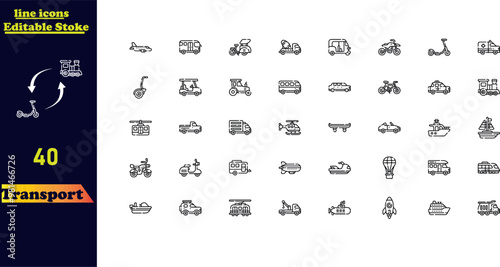 Transportation stroke icon set, featuring icons for cars, bicycles, airplanes, trains, motorcycles, buses, and scooters.