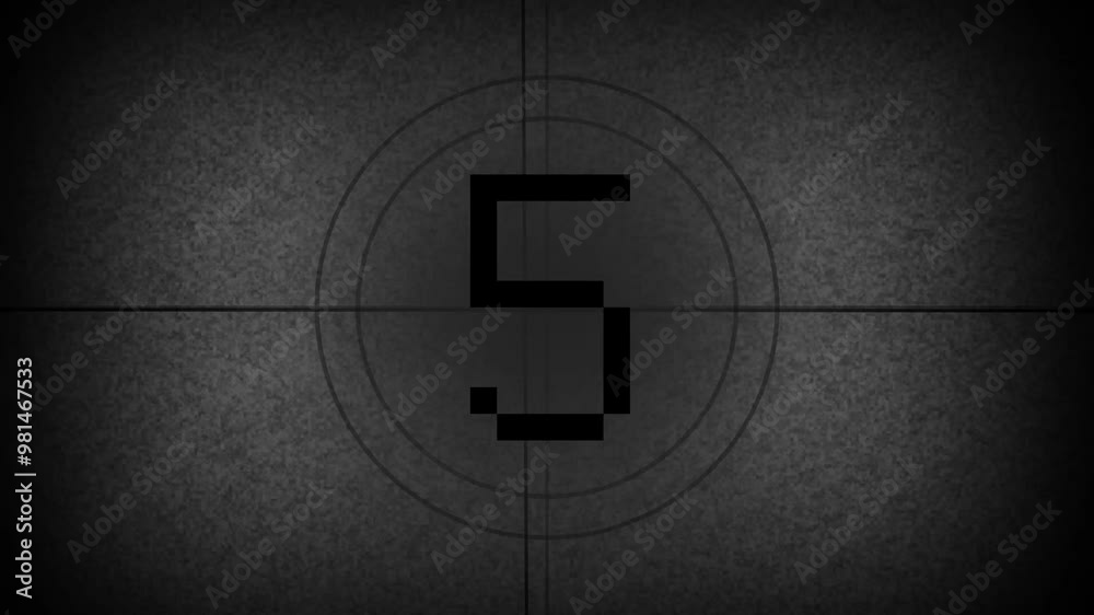 5 seconds from 5 to 0 number vintage film countdown on white with vignette faded black background. Old retro wipe rolling effect. Scratches, details and noise. 