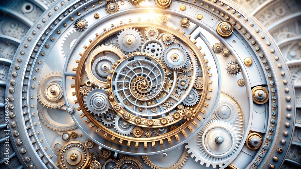 Fototapeta premium Intricate spiral of golden and silver gears, abstract mechanical time loop design