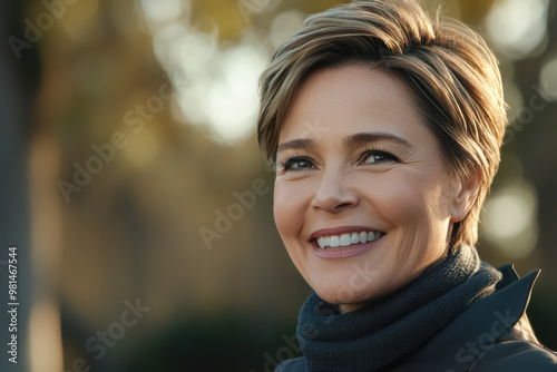 Cheerful Mature Woman Enjoying Autumn Outdoors. A joyful Caucasian woman with short hair, smiling warmly in an outdoor autumn setting. 