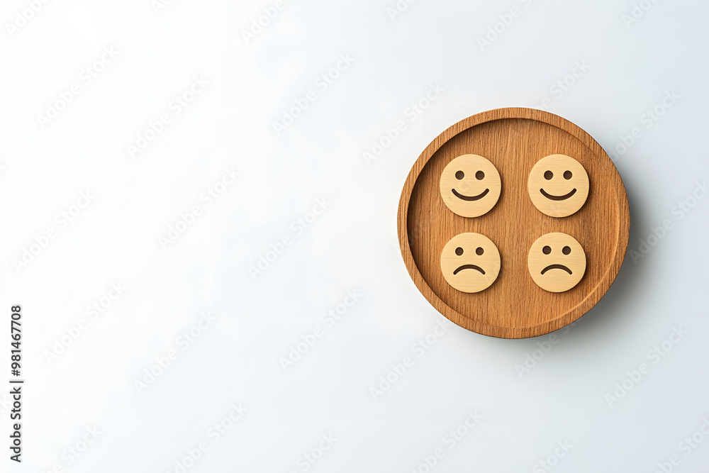 A wooden tray with four smiling faces and one frowning face A wooden tray with four smiling faces and one frowning face