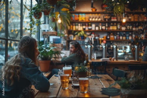 Cozy evening at a lively bar with friends enjoying craft beers surrounded by plants and warm ambiance during fall season