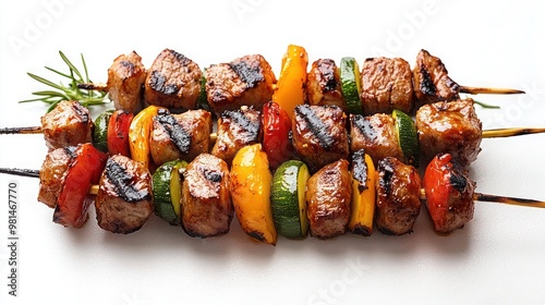 Grilled vegetable skewer, grilled meat with vegetable on a grill.