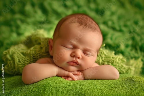 A small child sleeps peacefully on a soft green blanket