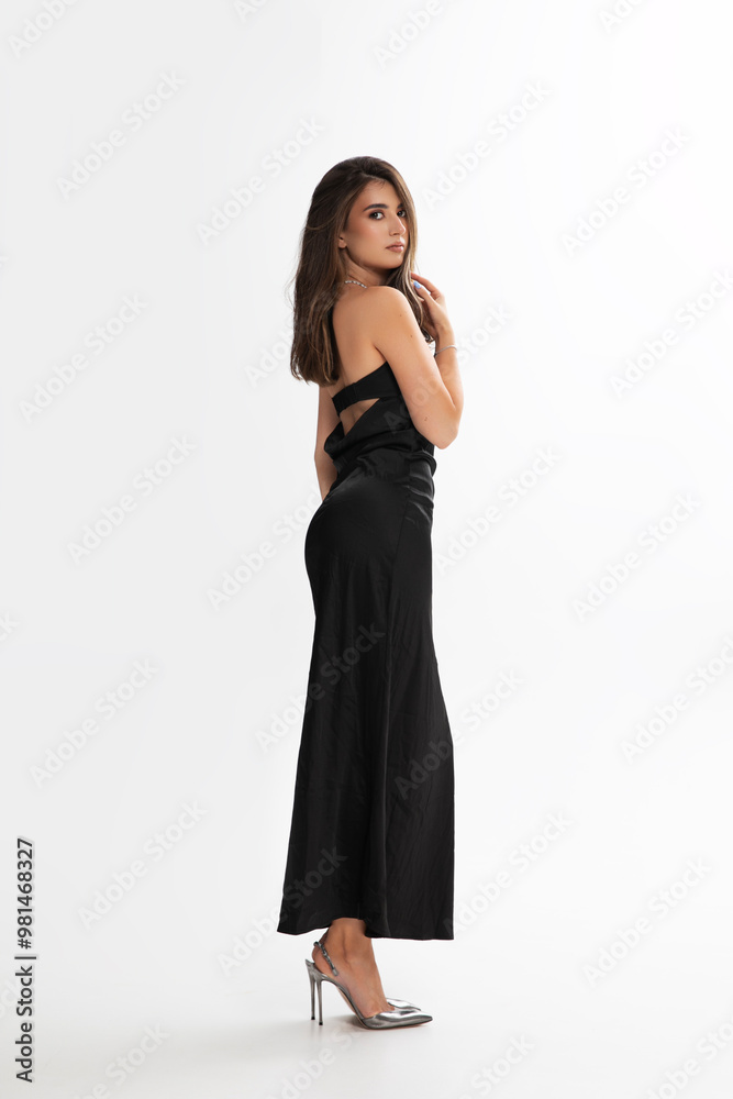 Full length image of a young woman in elegant long dress, with makeup and hairstyle, isolated white background. Full length image of a young woman in elegant long dress, with makeup and hairstyle, isolated white background.