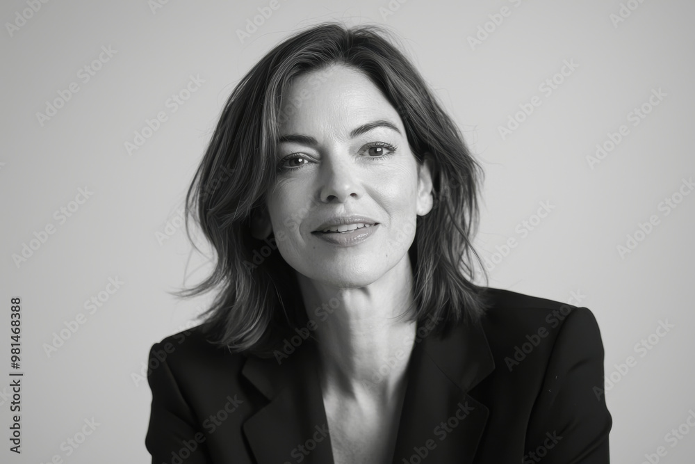 Serene Elegance in Monochrome. A mature Caucasian woman in a business suit, offering a subtle smile in a black and white portrait.
Serene Elegance in Monochrome. A mature Caucasian woman in a business suit, offering a subtle smile in a black and white portrait.