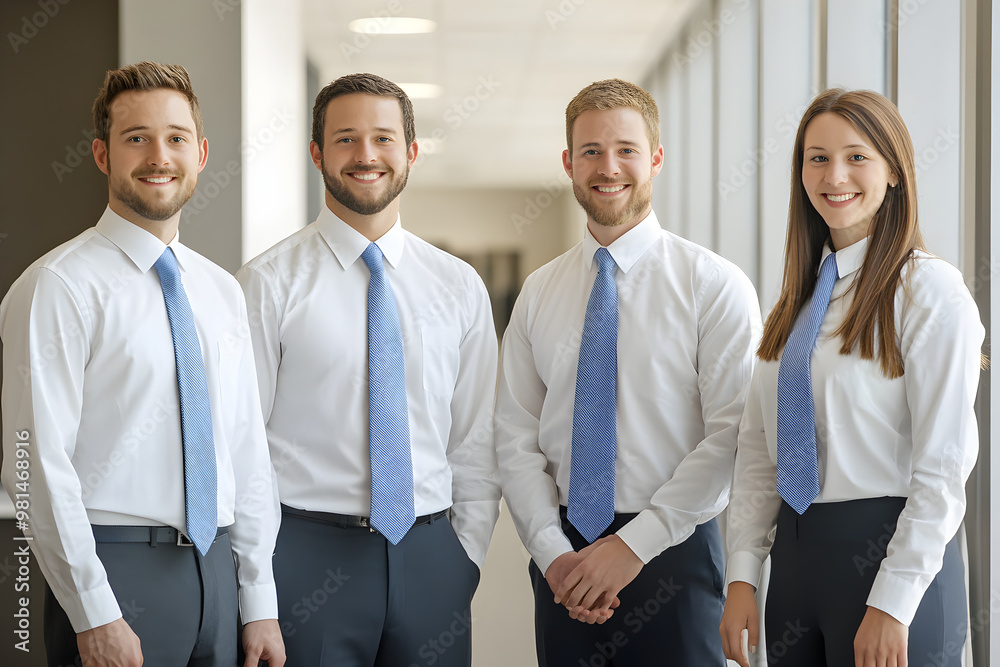Team of Professionals Extending a Warm Welcome in White Shirts and Blue Ties Team of Professionals Extending a Warm Welcome in White Shirts and Blue Ties