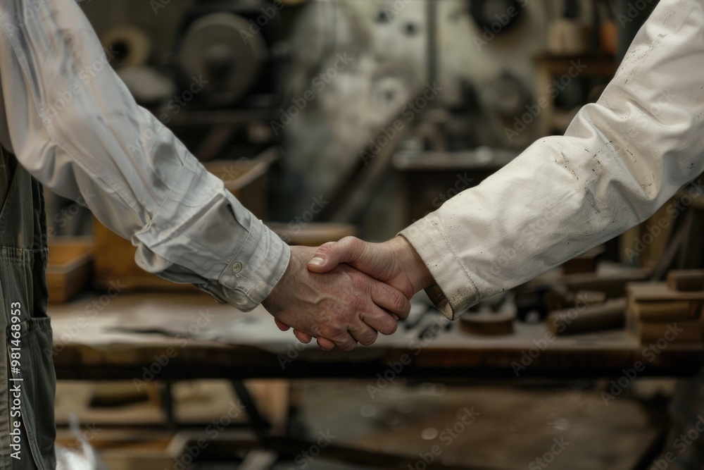 Two people shaking hands in a workshop setting Two people shaking hands in a workshop setting