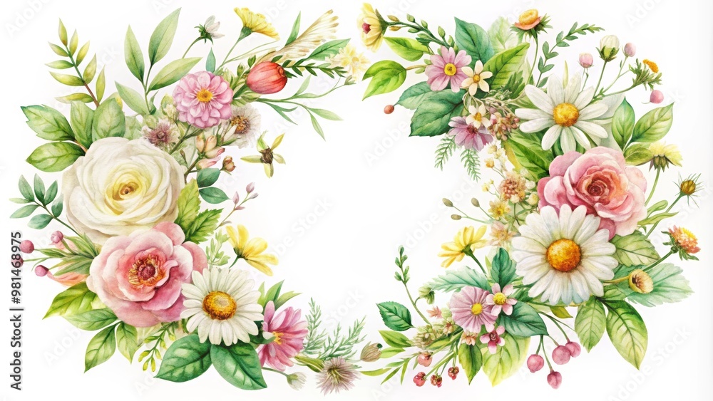 Obraz premium A beautiful floral wreath featuring vibrant roses, daisies, and greenery, perfect for invitations or decorative art.