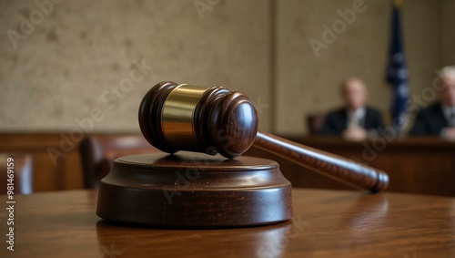 Judge’s gavel resting on a block in a courtroom. photo