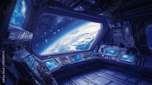 Fototapeta Naklejka Na Ścianę i Meble -  A futuristic spaceship interior with a view of Earth and space through a large window.