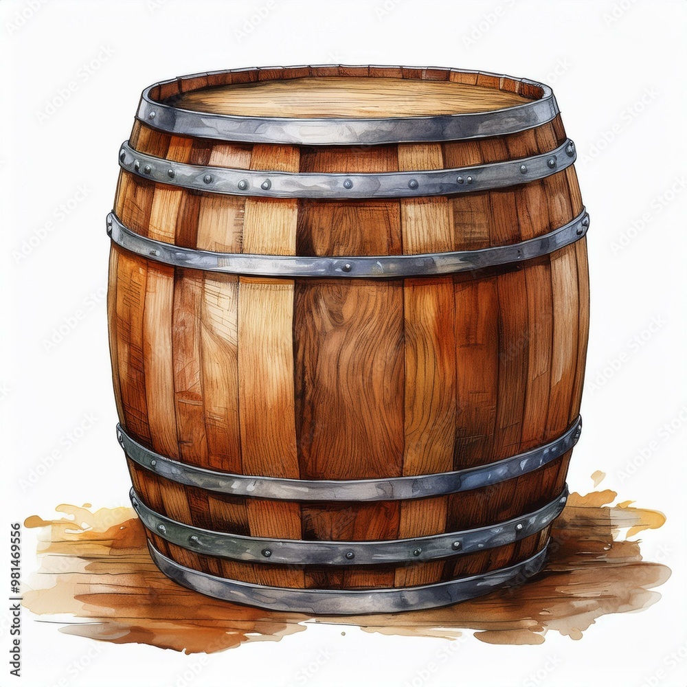 Obraz premium Watercolor illustration of wooden Beer Barrel for Octoberfest. Hand drawn sketch for October fest on white isolated background. Storage of ale or wine