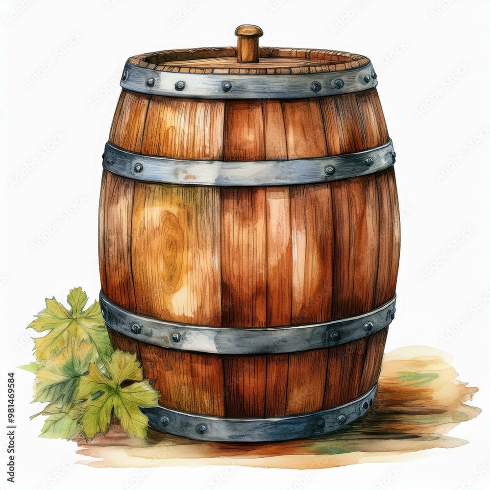 Obraz premium Watercolor illustration of wooden Beer Barrel for Octoberfest. Hand drawn sketch for October fest on white isolated background. Storage of ale or wine