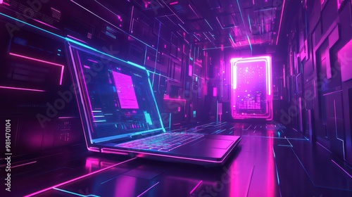 A futuristic laptop with a glowing screen sits in a brightly lit, neon-filled room.