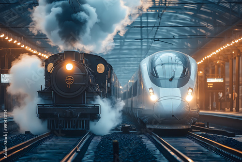 A classic steam locomotive puffs smoke as it chugs along tracks next to a futuristic electric bullet train gliding silently on a maglev track, Old vs new, Old and new