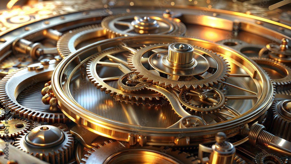 Golden and brass clockwork mechanism, intricate gears in motion, vintage timepiece design Golden and brass clockwork mechanism, intricate gears in motion, vintage timepiece design