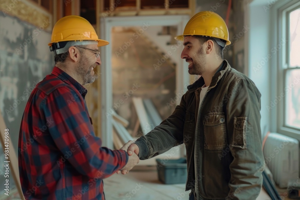 Two construction workers shaking hands in a room filled with building materials and tools Two construction workers shaking hands in a room filled with building materials and tools