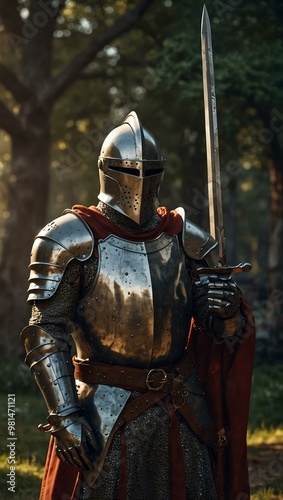 Knight in shining armor raising a sword—medieval fantasy art.