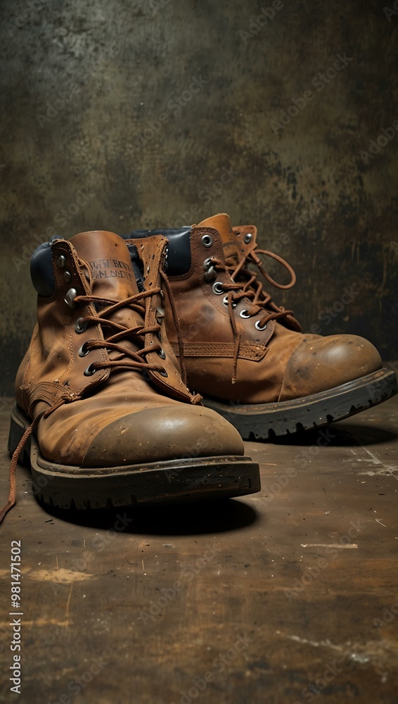 Labor Day scene with worn-out work boots on a rustic metal background. Labor Day scene with worn-out work boots on a rustic metal background.