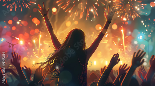 Music open-air festival: night concert with dancing and cheering audience against a fireworks-lit background. Happy party girl with hands up celebrating the evening concert