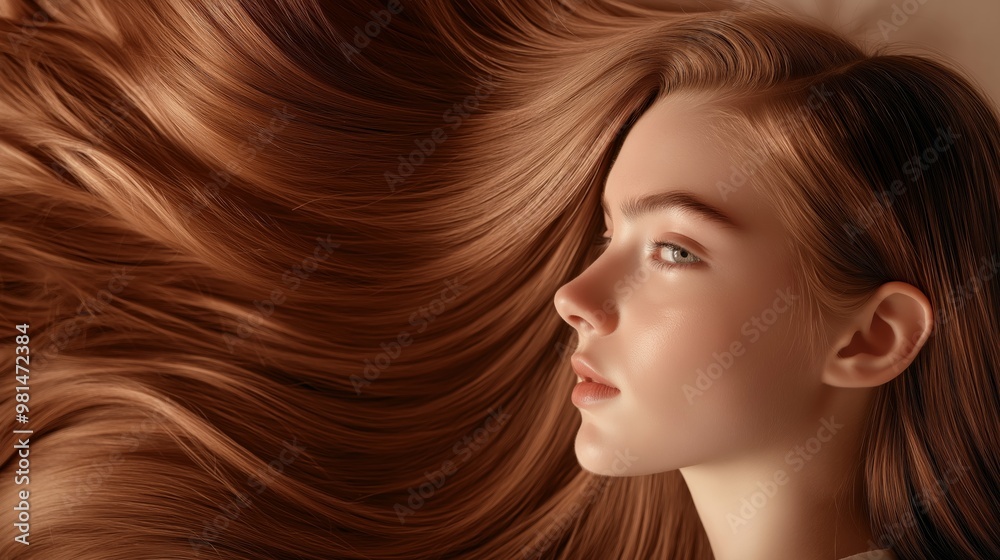 Fototapeta premium close up Reddish Blonde coloring hair advertising concept, healthy smooth silky shiny hair with elegance flow curve, hair coloring advertising concept