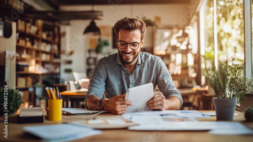 Business owner practicing a positive mindset while planning new strategies, working confidently in a light-filled office