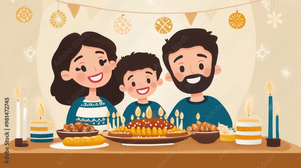 A family enjoys a cheerful celebration with a decorated table full of treats and glowing candles