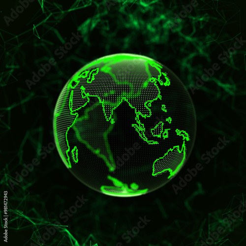 3d green sphere in a shape of planet with network connection background. Abstract global Earth structure. Big data visualization. 3D rendering.