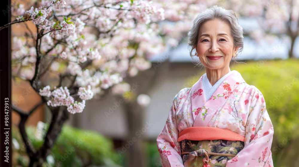 Older woman in traditional Japanese kimono, smiling serenely in a peaceful Japanese garden with cherry blossoms Older woman in traditional Japanese kimono, smiling serenely in a peaceful Japanese garden with cherry blossoms