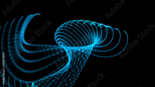 Blue digital halftone wave background. The futuristic abstract structure or network connection backdrop. Big data visualization. 3D rendering.