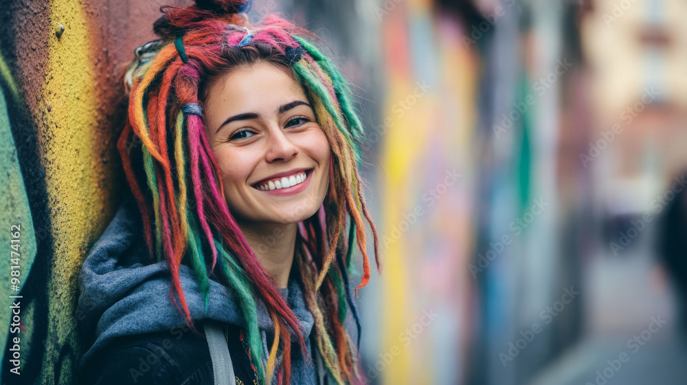 Young woman with colorful dreadlocks, smiling confidently against a graffiti-covered urban wall, vibrant and edgy atmosphere Young woman with colorful dreadlocks, smiling confidently against a graffiti-covered urban wall, vibrant and edgy atmosphere
